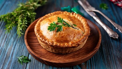 freshly baked scotch pie garnished with aromatic herbs on a rustic wooden plate for national tartan day celebration