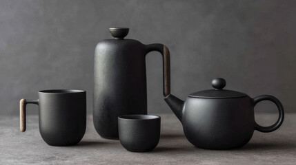 Matte black ceramic tea set with teapot tall jug and cups on grey background, minimalist modern tableware