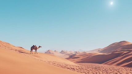 Nomadic camel journey across glowing golden sand dunes high resolution picture