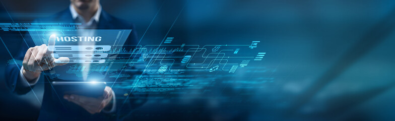 System admin using a smart tablet for performance monitoring of hosting environments, server uptime cloud integration automation security scalability performance optimization.