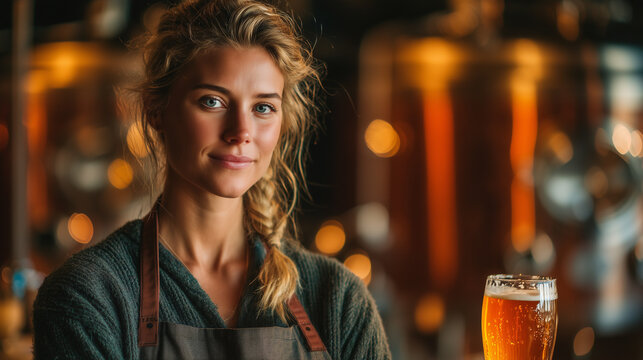 Young woman in brewery apron smiling with beer glass on bar  