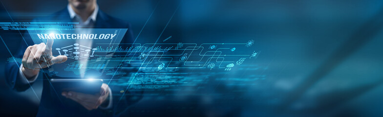 Researcher using a smart tablet for performance monitoring nanotechnology applications, material science innovation molecular engineering medicine electronics precision.