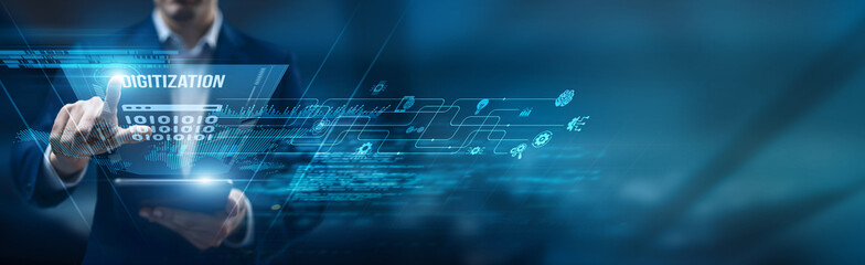 Digital strategist using a smart tablet for performance monitoring digitization initiatives, automation transformation cloud storage paperless systems workflow modernization efficiency integration.