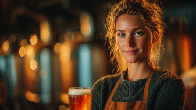Young woman holding a glass of beer while smiling in brewery   - Powered by Adobe
