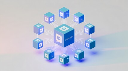 Obraz premium Visually stunning connection hub graphic representing digital communication and collaboration in a modern network, illustrating seamless data flow and vibrant social media integration