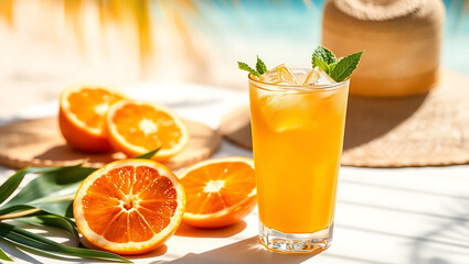 Fototapeta premium Refreshing Orange Juice on a Sunny Beach Holiday Freshly Squeezed Citrus Drink Next to Tropical Leaves and a Straw Hat