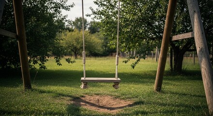 Rustic Wooden Swing Set in a Serene Orchard