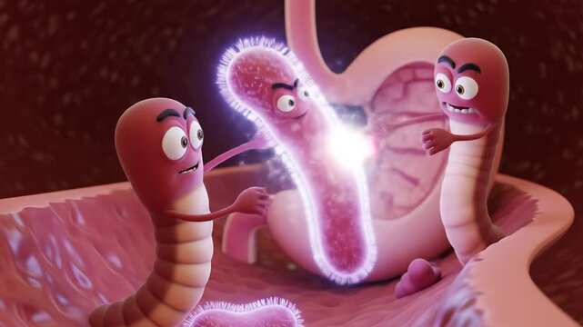 3D animated cartoon gut microbes and friendly glowing probiotic character inside intestine.