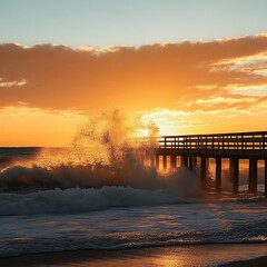Ocean waves splashing against wooden pier with glowing sunset high resolution picture