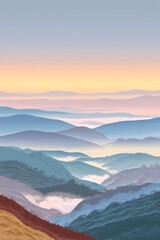 Fototapeta premium Hazy dawn unfolds over foggy hills, creating depth and silence in a calm, moody natural landscape.