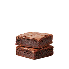 Two stacked dark chocolate fudge brownies with moist interiors and crackled crusts, on a transparent background with soft studio light, concept of gourmet indulgence