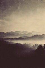Fototapeta premium Hazy dawn unfolds over foggy hills, creating depth and silence in a calm, moody natural landscape.