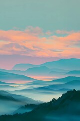 Fototapeta premium Hazy dawn unfolds over foggy hills, creating depth and silence in a calm, moody natural landscape.