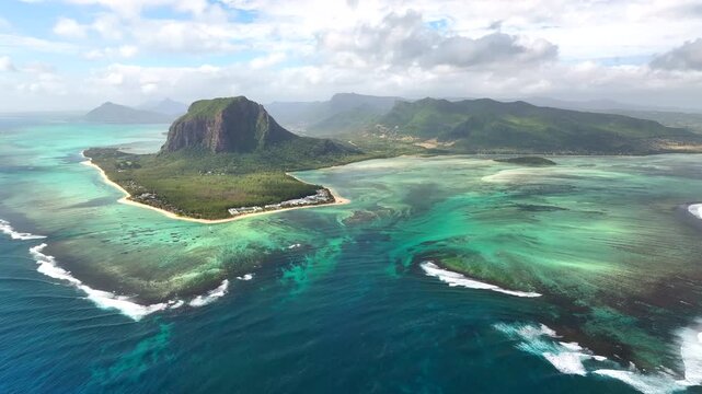 Amazing view of Le Morne Brabant mountain with beautiful lagoon and underwater waterfall illusion, Mauritius island