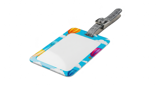 Colorful geometric pattern luggage tag with silver attachment on a black background