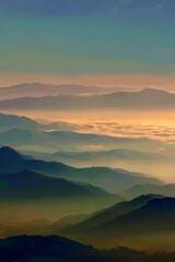Fototapeta premium Hazy dawn unfolds over foggy hills, creating depth and silence in a calm, moody natural landscape.