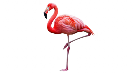 Vibrant pink flamingo stands gracefully on one leg against a stark black background