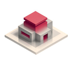 An abstract building with red and gray blocks isolated on transparent background