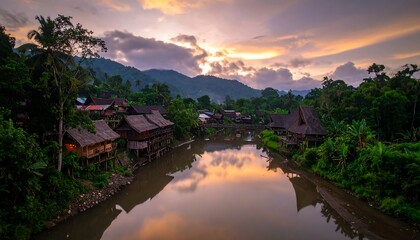 Lush village reflected in tranquil river at sunrise
