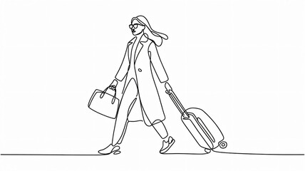 Stylish businesswoman traveling with luggage, a modern one-line art illustration conveying sophistication and travel, perfect for blogs, websites, and travel marketing materials