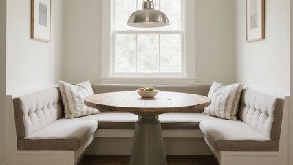 Fototapeta premium Cozy White Corner Banquette Seating with Pillows and Pendant Light in Bright Kitchen Nook