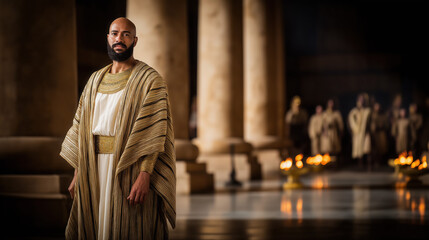 Naklejka premium Joseph stands in Egypt before the Pharaoh’s throne, embodying wisdom, divine favor, and the fulfillment of God’s plan through faith and perseverance..