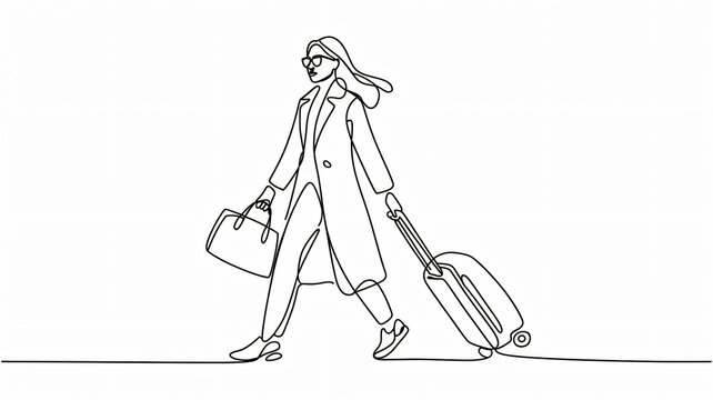 Stylish businesswoman traveling with luggage, a modern one-line art illustration conveying sophistication and travel, perfect for blogs, websites, and travel marketing materials - Powered by Adobe