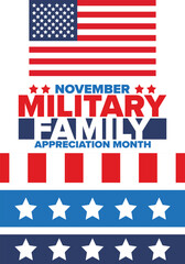 National Military Family Month in United States. Celebrate annual in November. Thank you for military family. Patriotic american elements. Poster, card, banner, background. Vector illustration