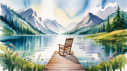 Find serene peace with this stunning lakeside view featuring a rocking chair on a dock, perfect for relaxation retreats, nature getaways, or illustrating calm and tranquility in your next project