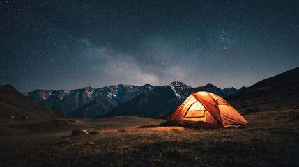 Night camping under the stars with tent and mountain views landscape