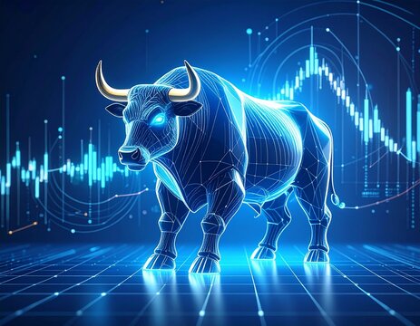 Bull icon surrounded by digital interface elements representing rising economy,