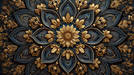Intricate golden and blue floral mandala pattern with detailed carvings