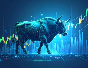 Bull icon surrounded by digital interface elements representing rising economy,
