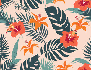 Seamless tropical pattern with various flowers. Hibiscus, bird of paradise flowers and palm leaves on a pastel background. Vector illustration