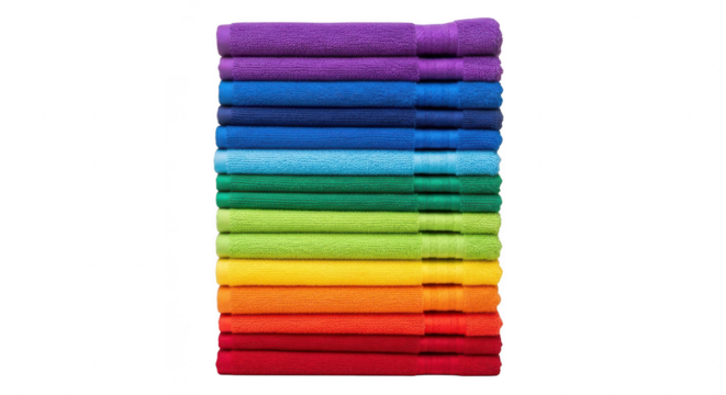 A vibrant stack of folded towels displayed in a rainbow color gradient against a black background
