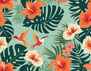 Fototapeta premium Seamless tropical pattern with various flowers. Hibiscus, bird of paradise flowers and palm leaves on a pastel background. Vector illustration
