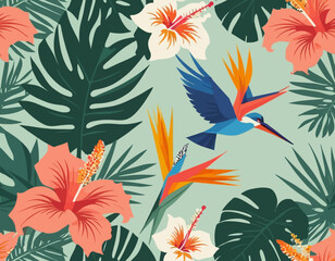 Seamless tropical pattern with various flowers. Hibiscus, bird of paradise flowers and palm leaves on a pastel background. Vector illustration