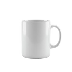 A single, immaculate, glossy white ceramic coffee mug with an ergonomic handle on a seamless transparent background, soft studio lighting, ample negative space for branding concept of minimalist