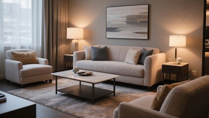 Modern Cozy Living Room with Beige Sofa and Armchair in Warm Lighting