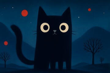 Minimal black cat with oversized eyes in a night landscape, deep blue palette with red moons, painterly illustration for posters, book covers, and nursery decor.