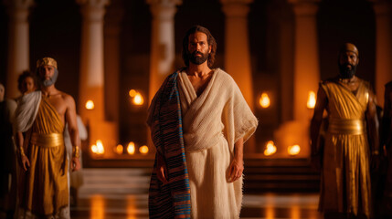 Naklejka premium Joseph stands in Egypt before the Pharaoh’s throne, embodying wisdom, divine favor, and the fulfillment of God’s plan through faith and perseverance..