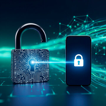 A conceptual image of a padlock next to a smartphone, inciting cybersecurity concept