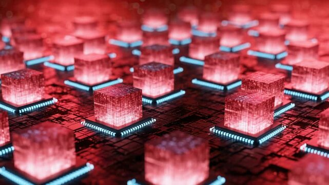 A network of glowing blue cubes representing data processing units sits on a circuit board with red lighting - Powered by Adobe