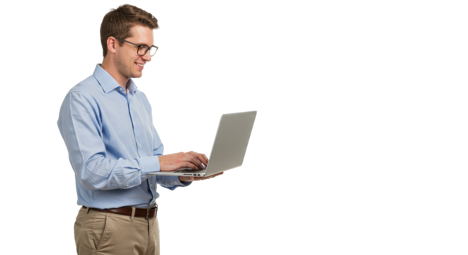 Confident young caucasian man in smart-casual business attire and neutral glasses intently typing on a silver laptop against a brilliant white studio background. Concept of modern digital productivity