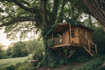 AI-generated image Rustic wooden treehouse cabin with a porch and swing nestled in a large, ivy-covered tree. A magical childhood hideaway and peaceful nature retreat.
