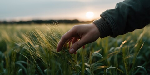 Hand touching wheat in green field at sunset