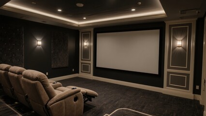 Modern Home Theater Room with Plush Reclining Seats and Large Screen in Elegant Dark Decor
