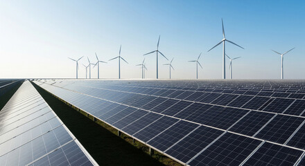 Eco-friendly energy landscape featuring solar panels and wind turbines, symbolizing green technology, sustainability, and future energy solutions