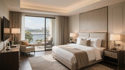 Modern Elegant Hotel Bedroom with Large Window and Balcony View