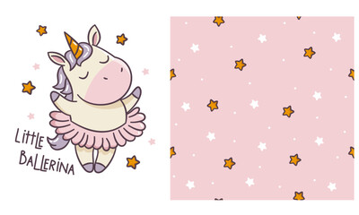 Vector set for printing on children's products. A cute pony ballerina dances ballet, lettering. Seamless vector pattern with stars. Vector illustration